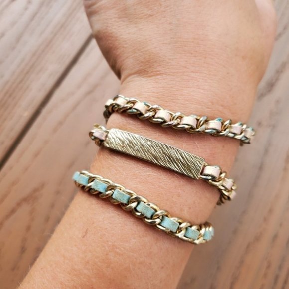 Pink Teal Vegan Leather Wrap Bracelet Gold Chain Glam Party Casual Boho Layered - Picture 1 of 9